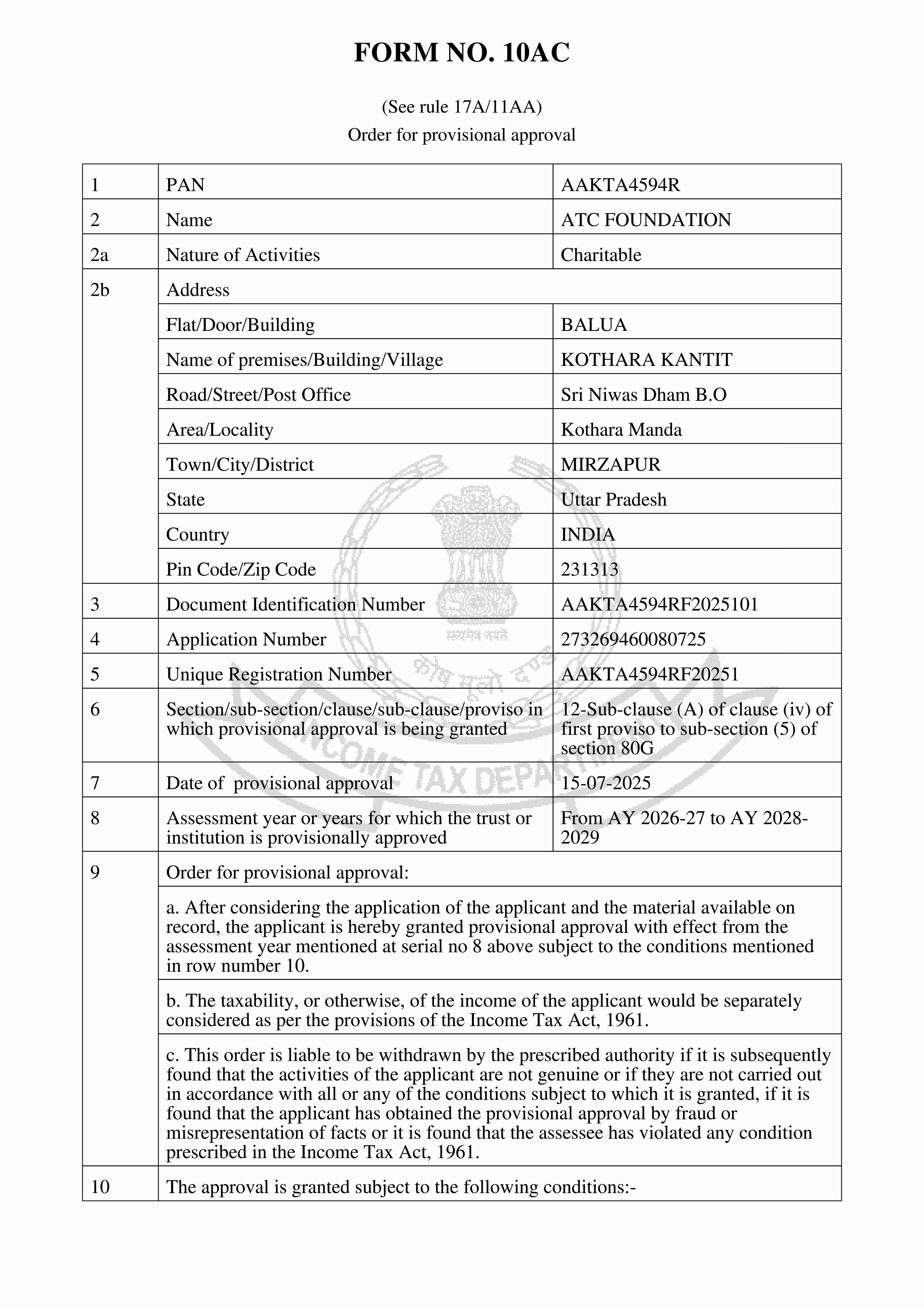 80G Registration Certificate
