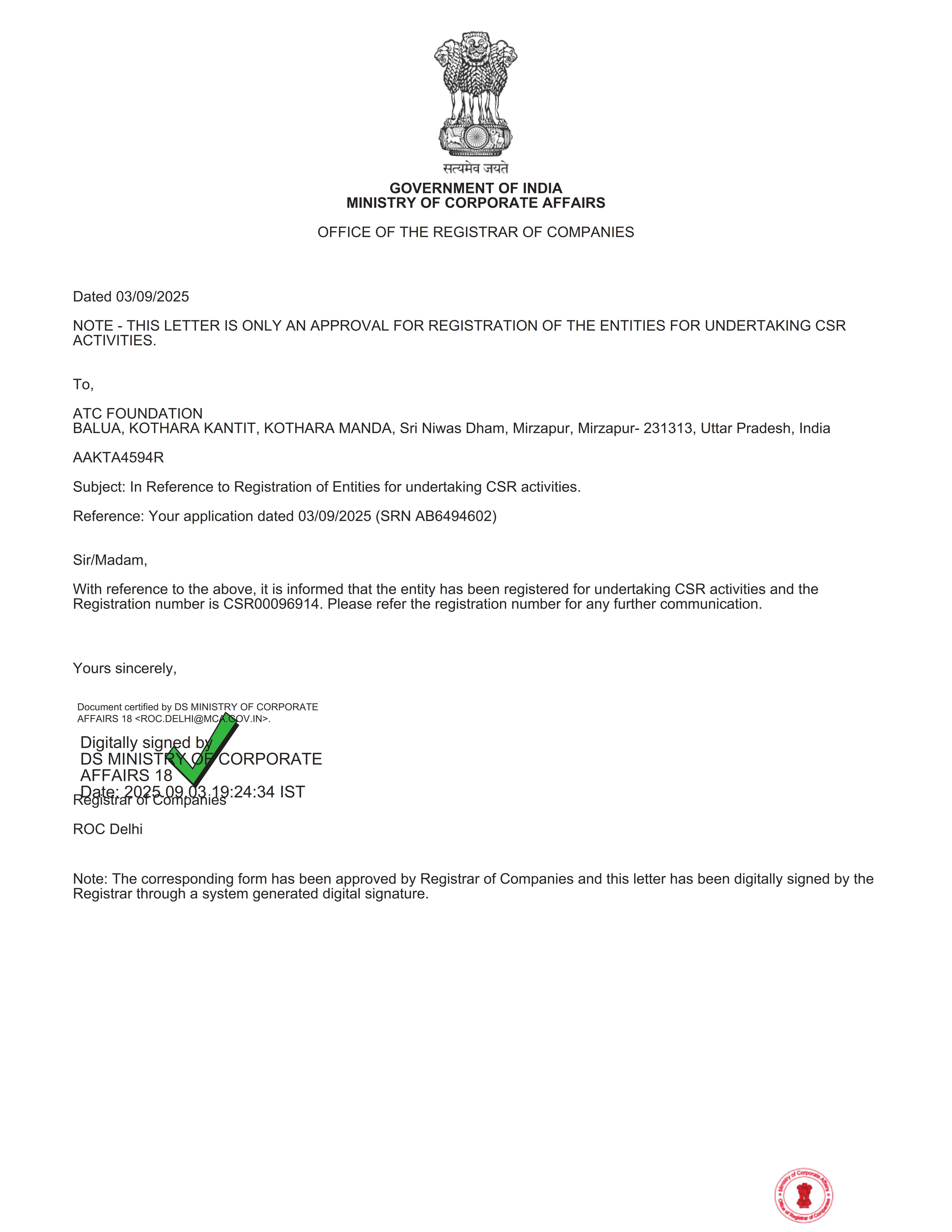 CSR Registration Certificate